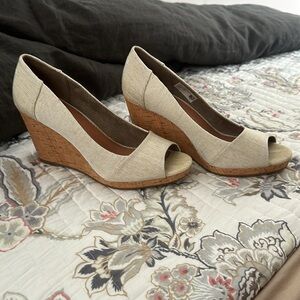 Toms Women's Natural Tweed Woven Stella Peep-Toe Espadrille Wedges Size 9